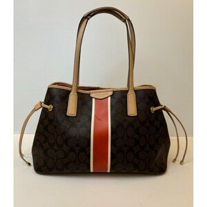 Coach Signature Stripe Nancy Satchel -  Dark Brown/Vermillion